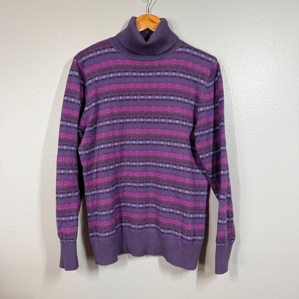 L.L.Bean Turtleneck Women Large Purple Fair Isle Sweater Cotton Cashmere 503413